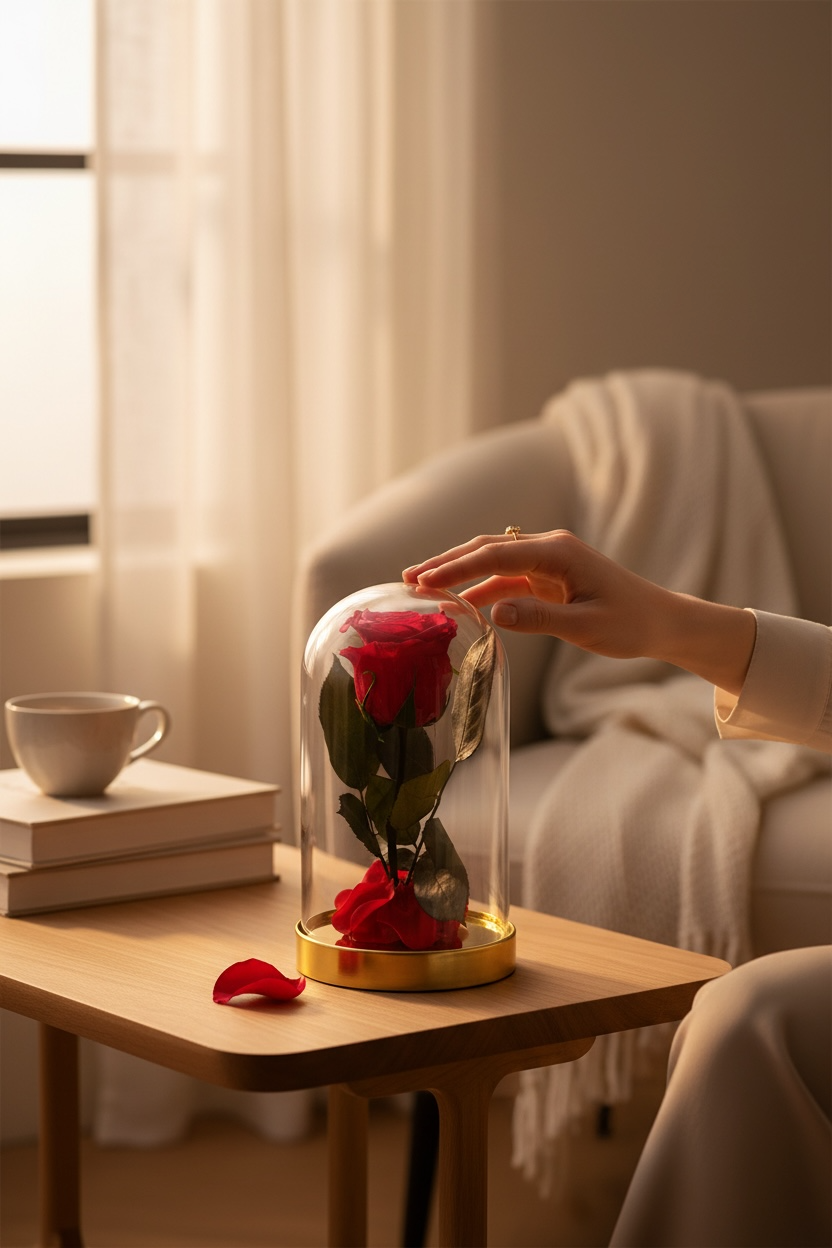 Rose éternelle rouge sous cloche en verre