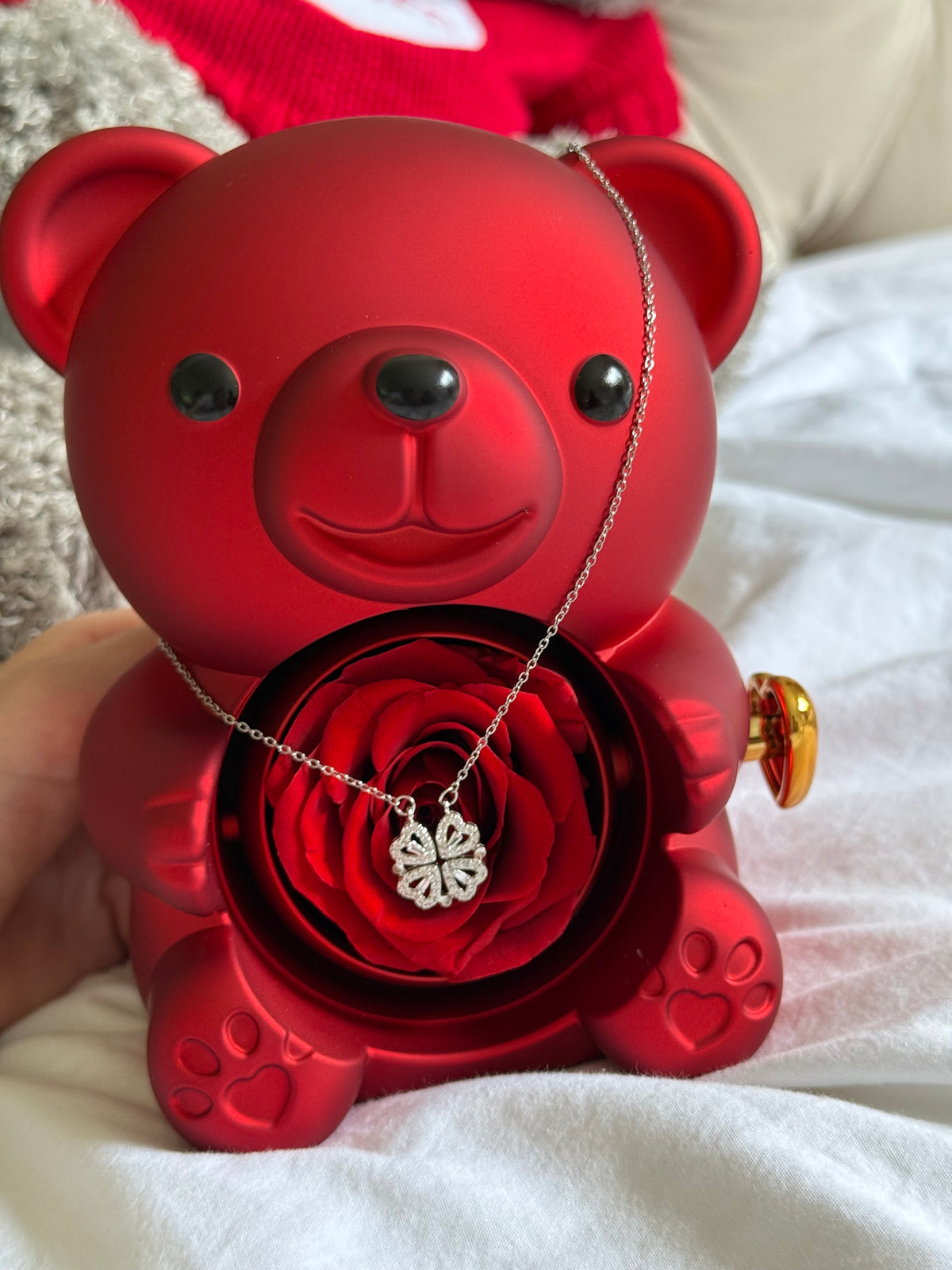 Ours En Peluche Rose Champagne & Rose Éternelle + Collier Cœur – Coffret Cadeau Romantique Élégant Gris