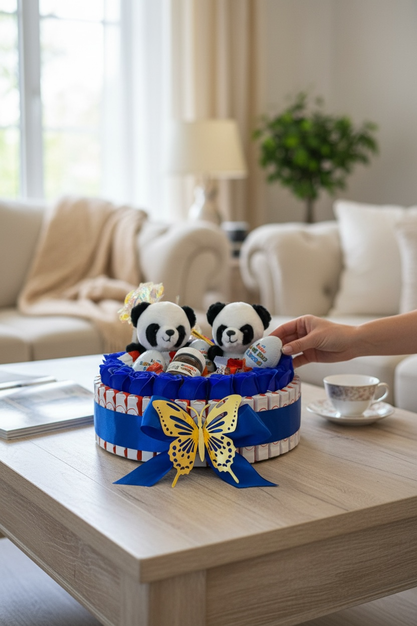 Bouquet gourmand Panda 30x30 – Chocolats Kinder, mini Nutella & roses en savon – Cadeau original fait main
