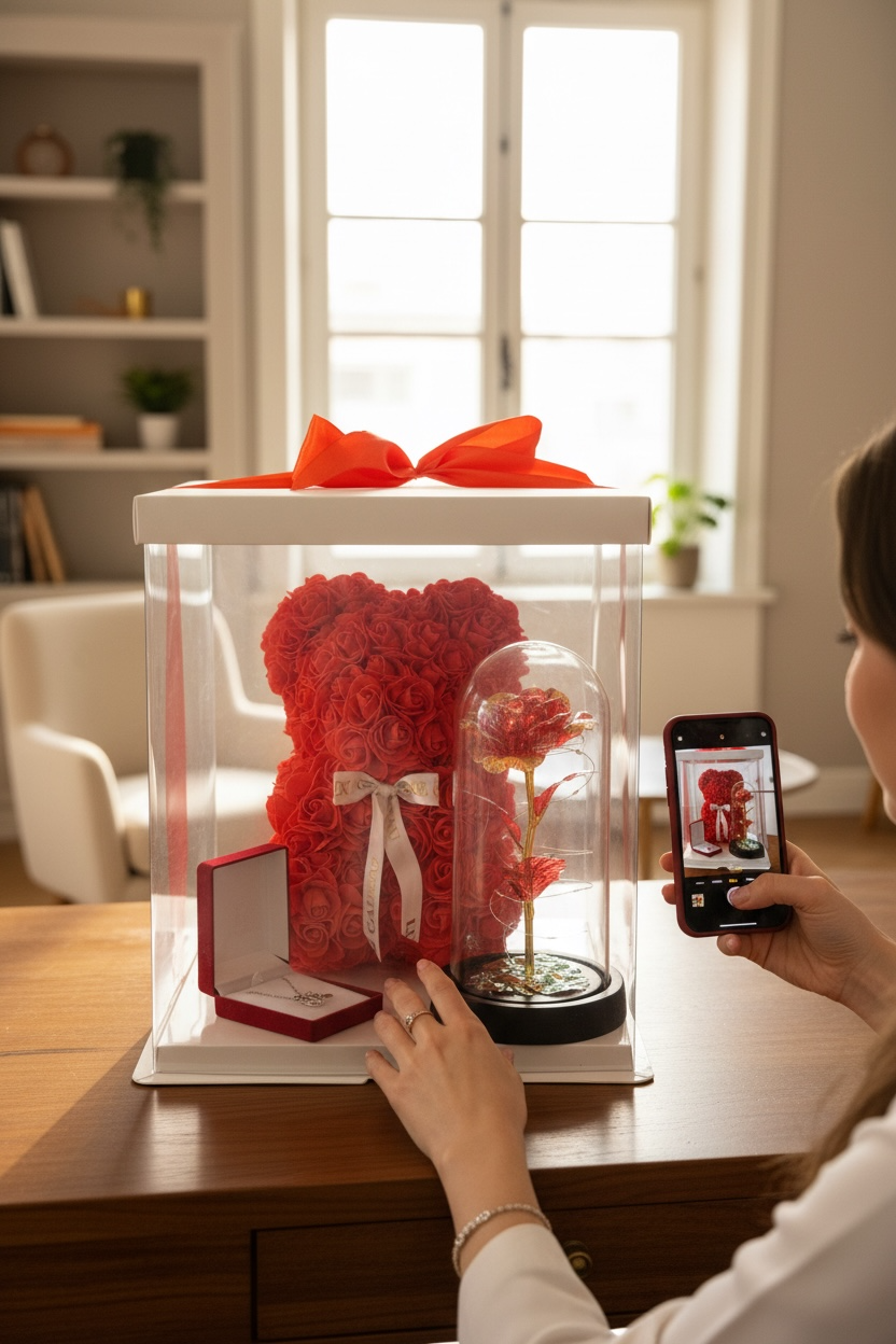 Box Cadeau Romantique – Ours en Roses & Rose Lumineuse
