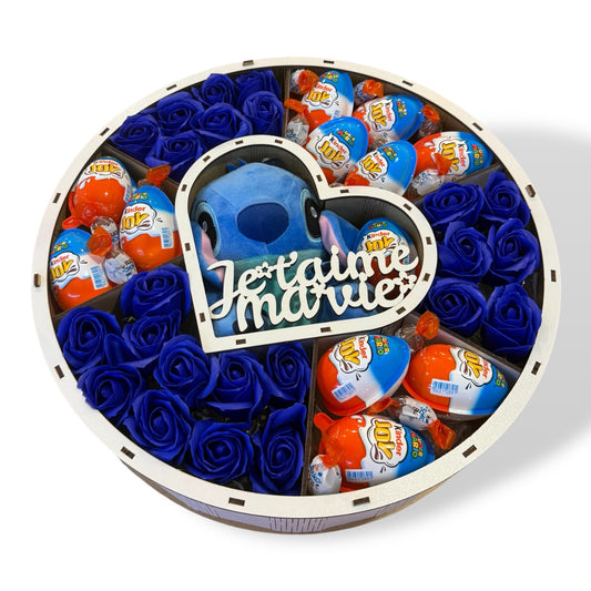 Coffret cadeau exclusif avec peluche Stitch, roses bleues et Kinder Joy