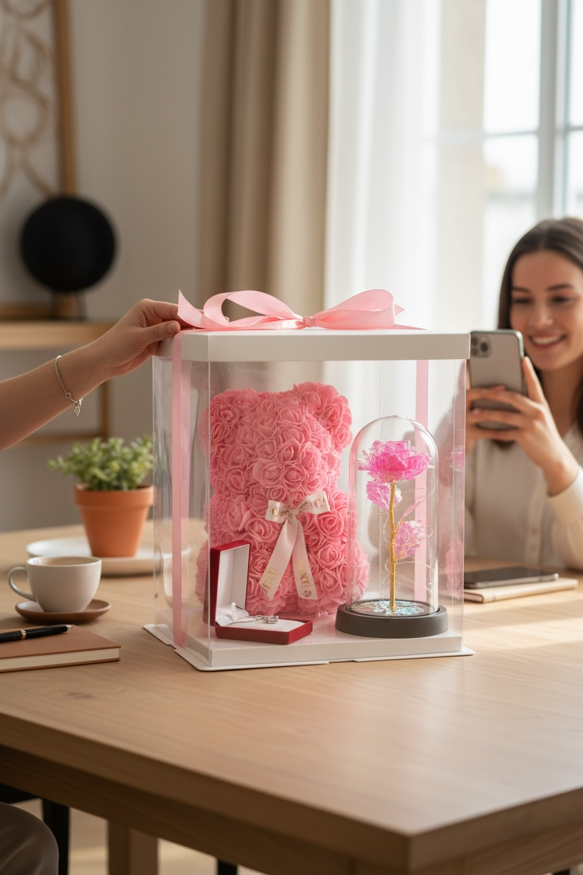Box Cadeau Romantique – Ours en Roses & Rose Lumineuse