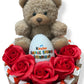 Coffret Cadeau avec Ours en Peluche, Œuf Kinder Surprise et Roses – Disponible en Marron ou Blanc