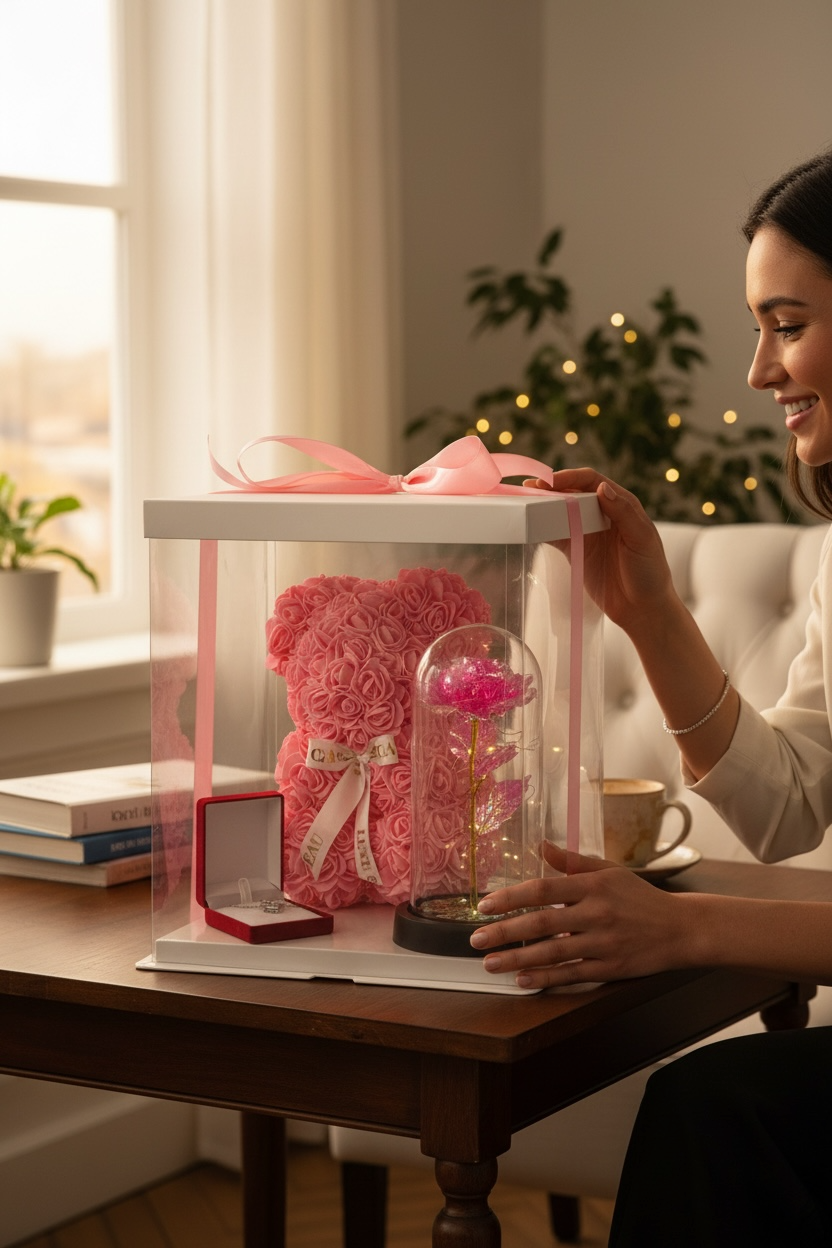 Box Cadeau Romantique – Ours en Roses & Rose Lumineuse