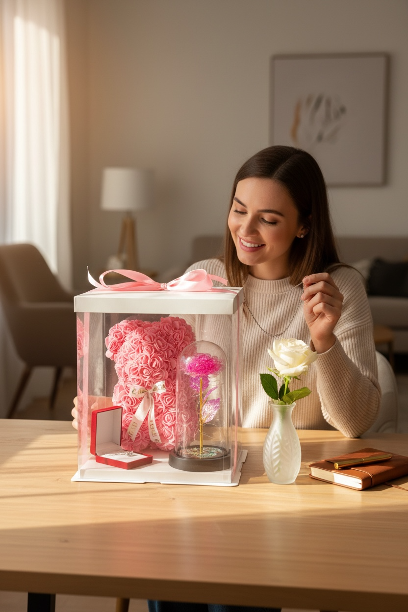 Box Cadeau Romantique – Ours en Roses & Rose Lumineuse