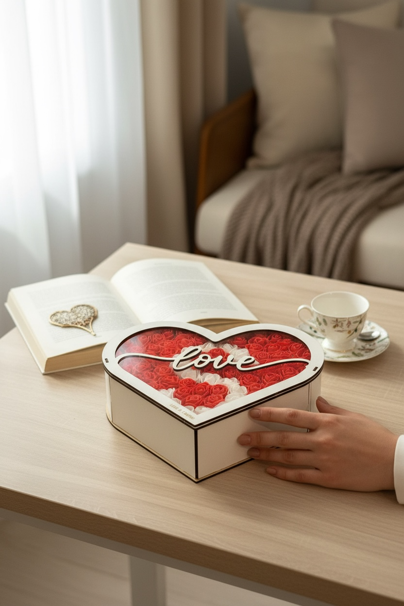 Coffret Cœur Personnalisable – Roses Rouges & Blanches