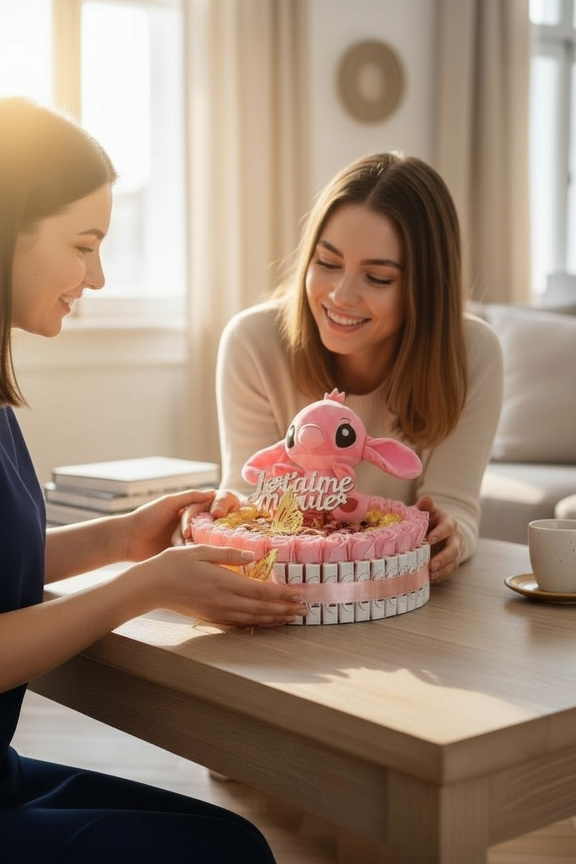 Coffret romantique avec peluche Angel (Stitch rose), fleurs de savon & chocolats