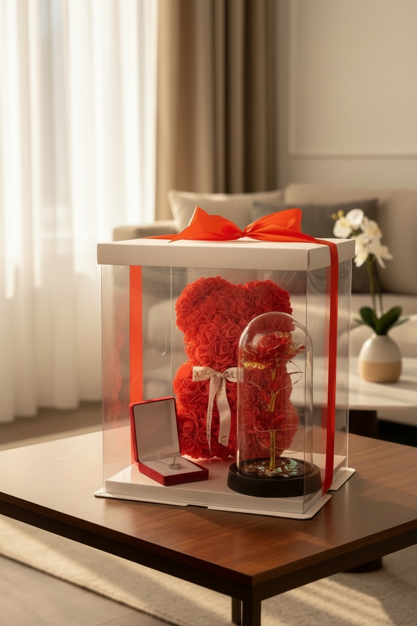 Box Cadeau Romantique – Ours en Roses & Rose Lumineuse
