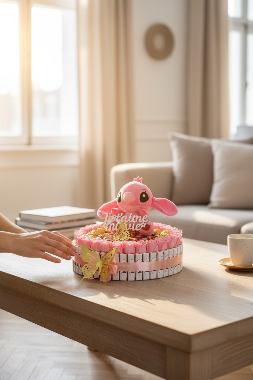 Coffret romantique avec peluche Angel (Stitch rose), fleurs de savon & chocolats