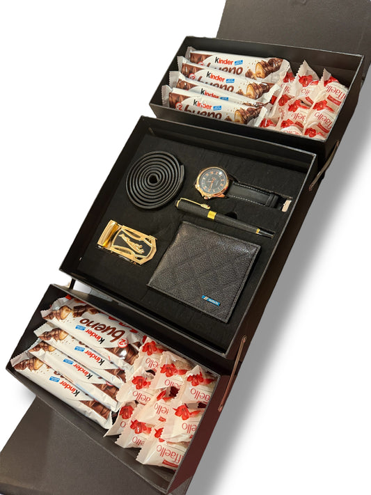 Coffret avec port feuille, ceinture et des chocolats