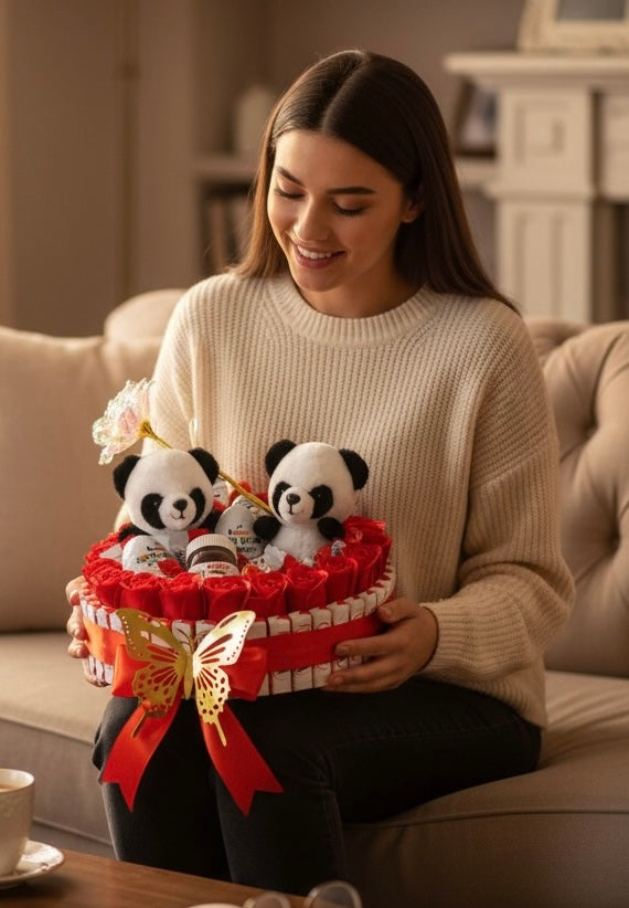 Bouquet gourmand Panda 30x30 – Chocolats Kinder, mini Nutella & roses en savon – Cadeau original fait main