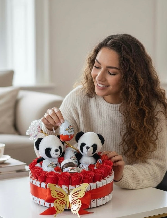 Bouquet gourmand Panda 30x30 – Chocolats Kinder, mini Nutella & roses en savon – Cadeau original fait main