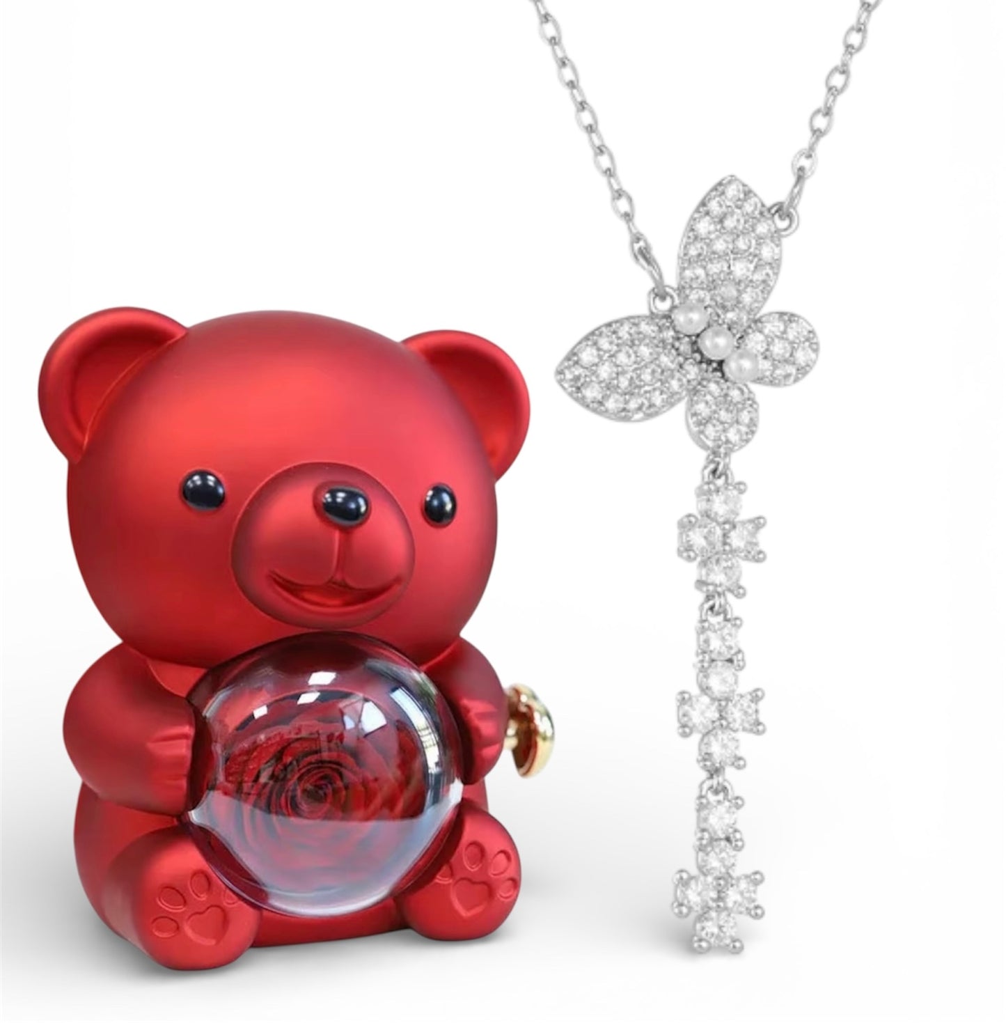 Ours cadeau avec rose éternelle & bijou – Coffret 2-en-1 rotatif 360°