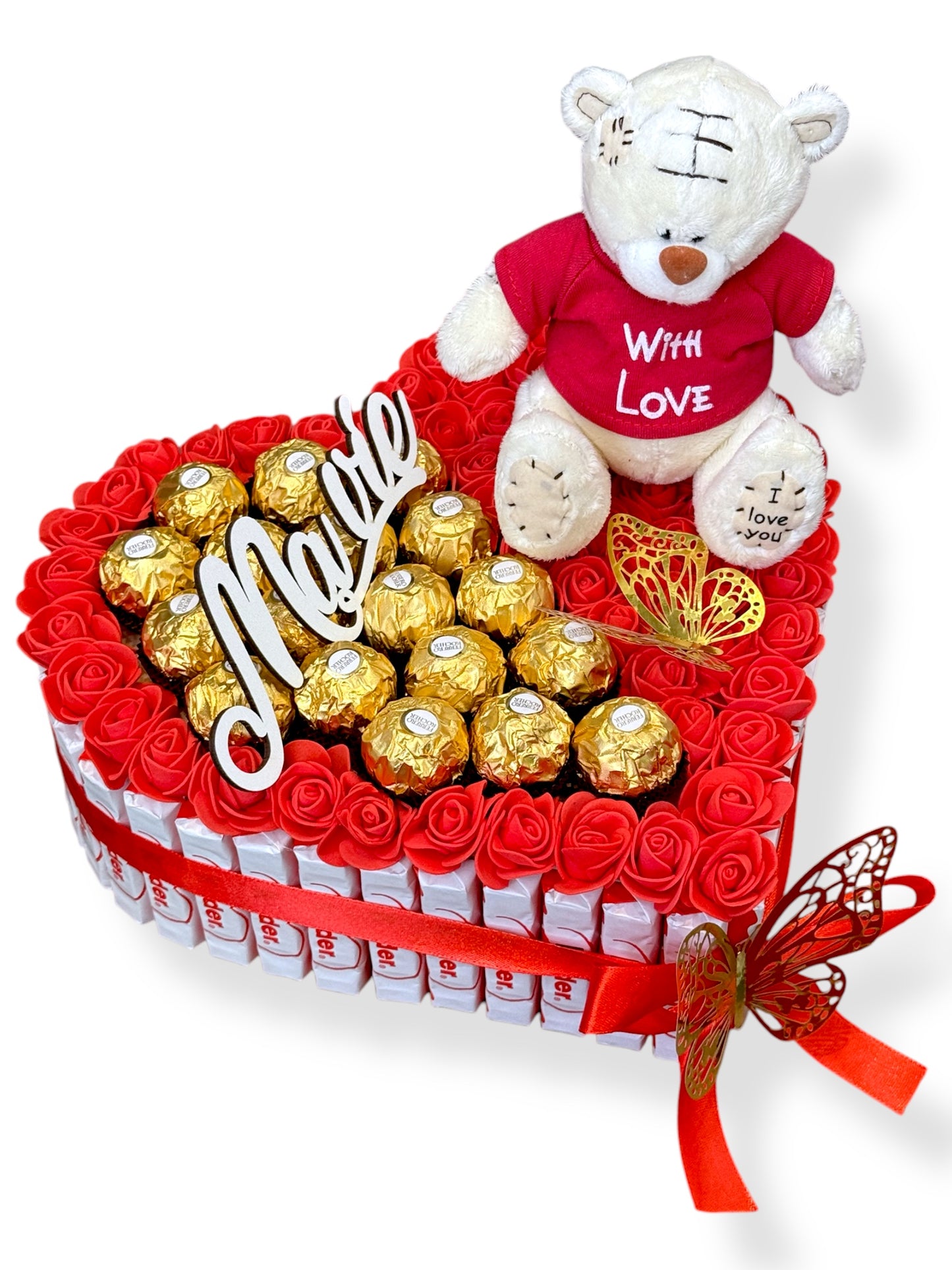 Cadeau original pour femme – Coffret cœur avec ourson, bonbons et fleurs