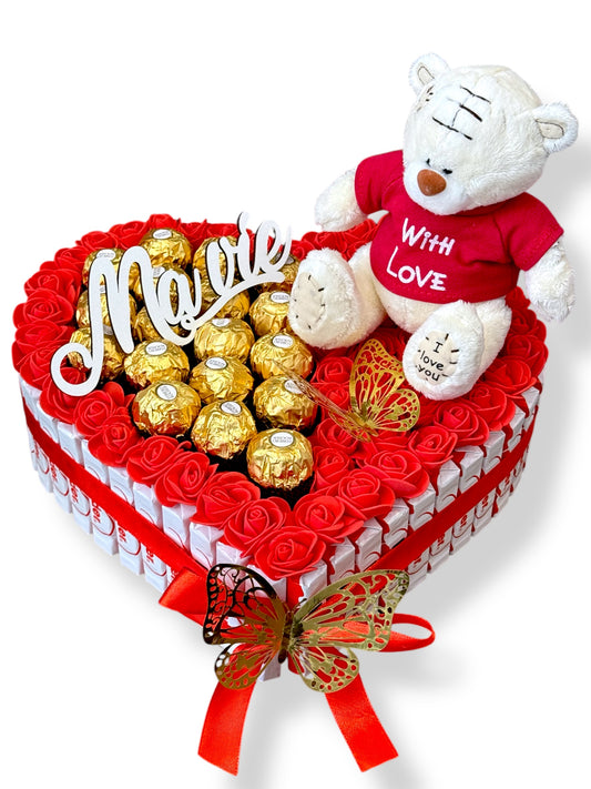 Cadeau original pour femme – Coffret cœur avec ourson, bonbons et fleurs
