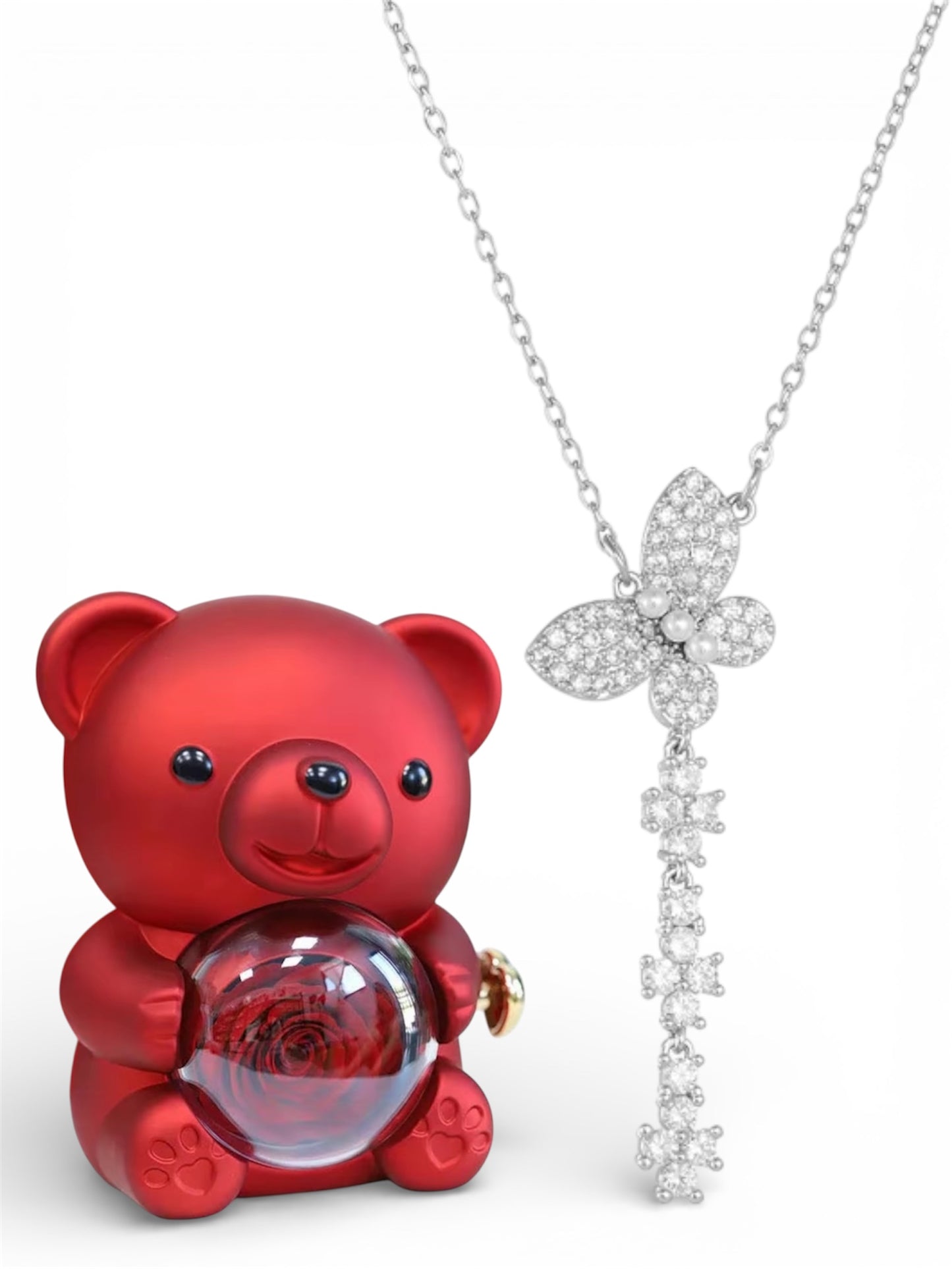 Ours cadeau avec rose éternelle & bijou – Coffret 2-en-1 rotatif 360°