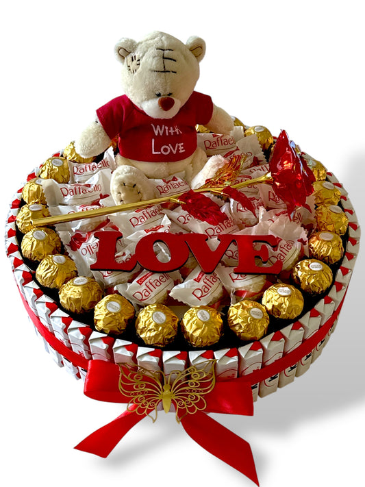 Cadeau romantique avec peluche, chocolats Ferrero et rose dorée 24K