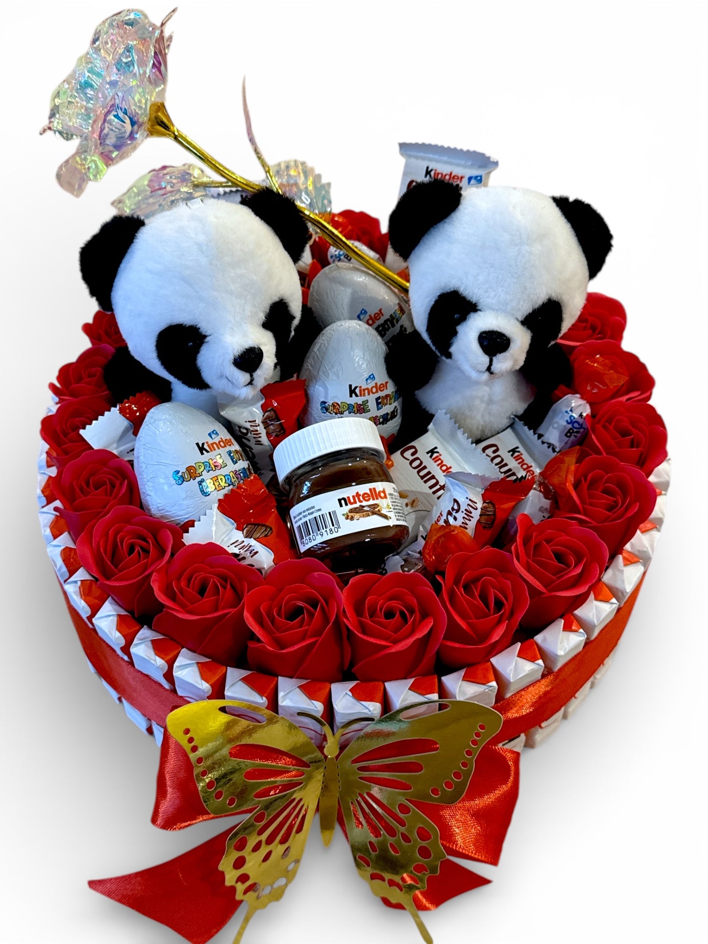 Bouquet gourmand Panda 30x30 – Chocolats Kinder, mini Nutella & roses en savon – Cadeau original fait main