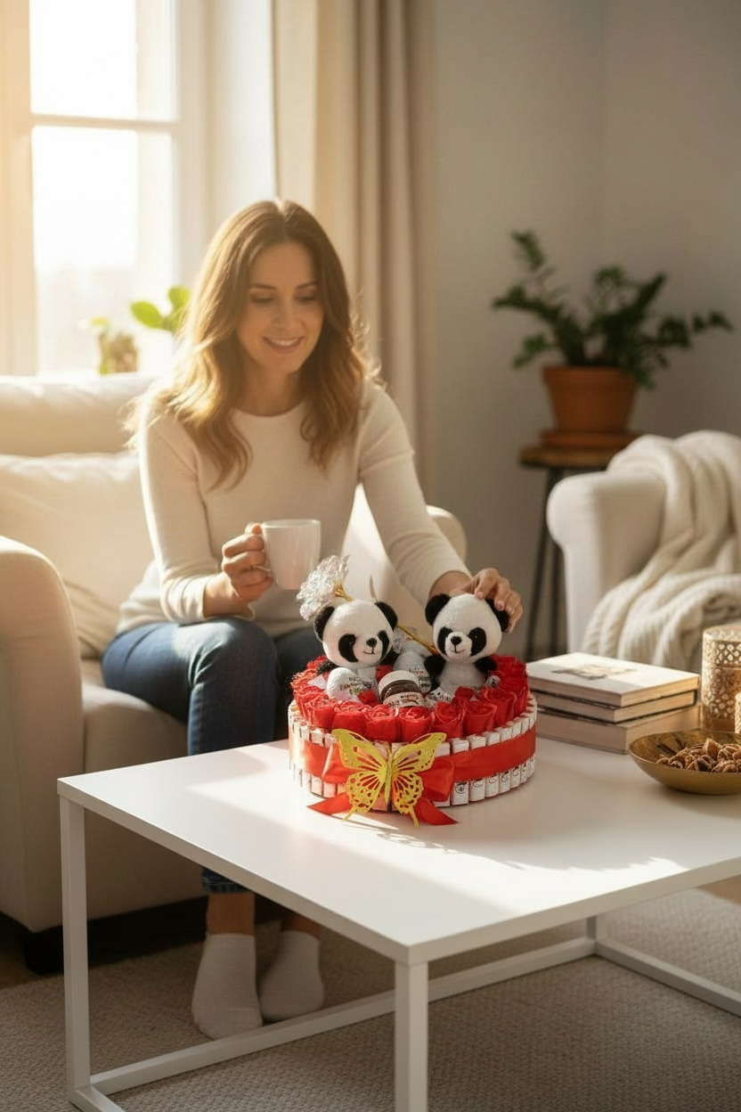 Bouquet gourmand Panda 30x30 – Chocolats Kinder, mini Nutella & roses en savon – Cadeau original fait main