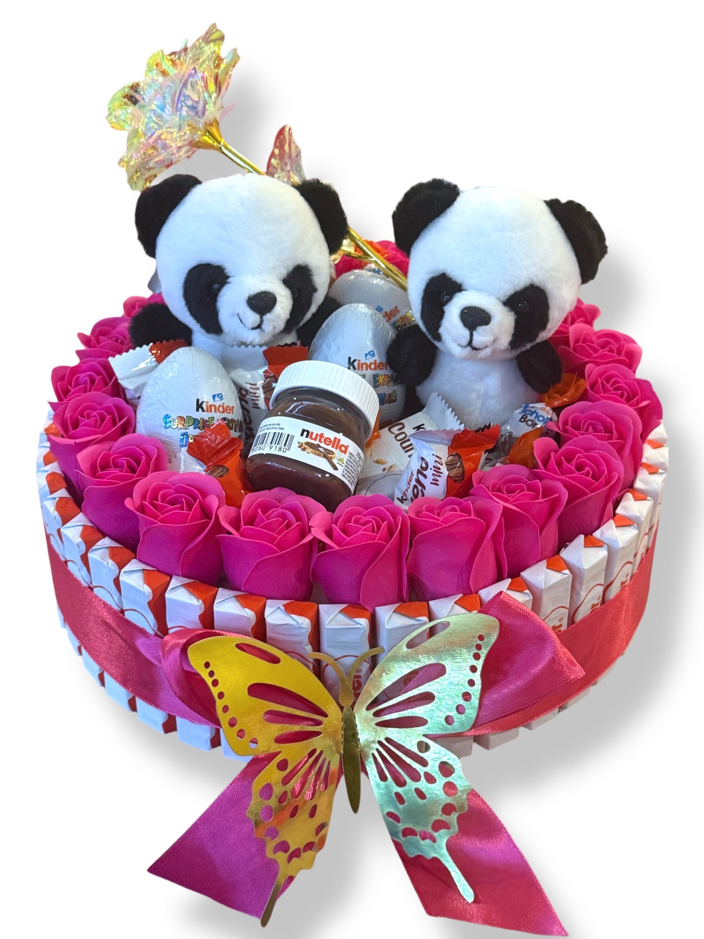 Bouquet gourmand Panda 30x30 – Chocolats Kinder, mini Nutella & roses en savon – Cadeau original fait main