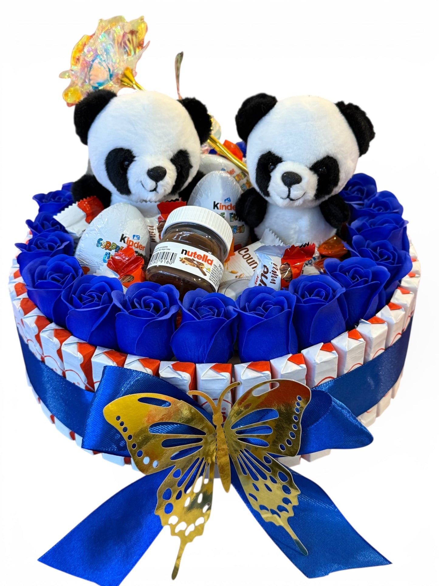 Bouquet gourmand Panda 30x30 – Chocolats Kinder, mini Nutella & roses en savon – Cadeau original fait main