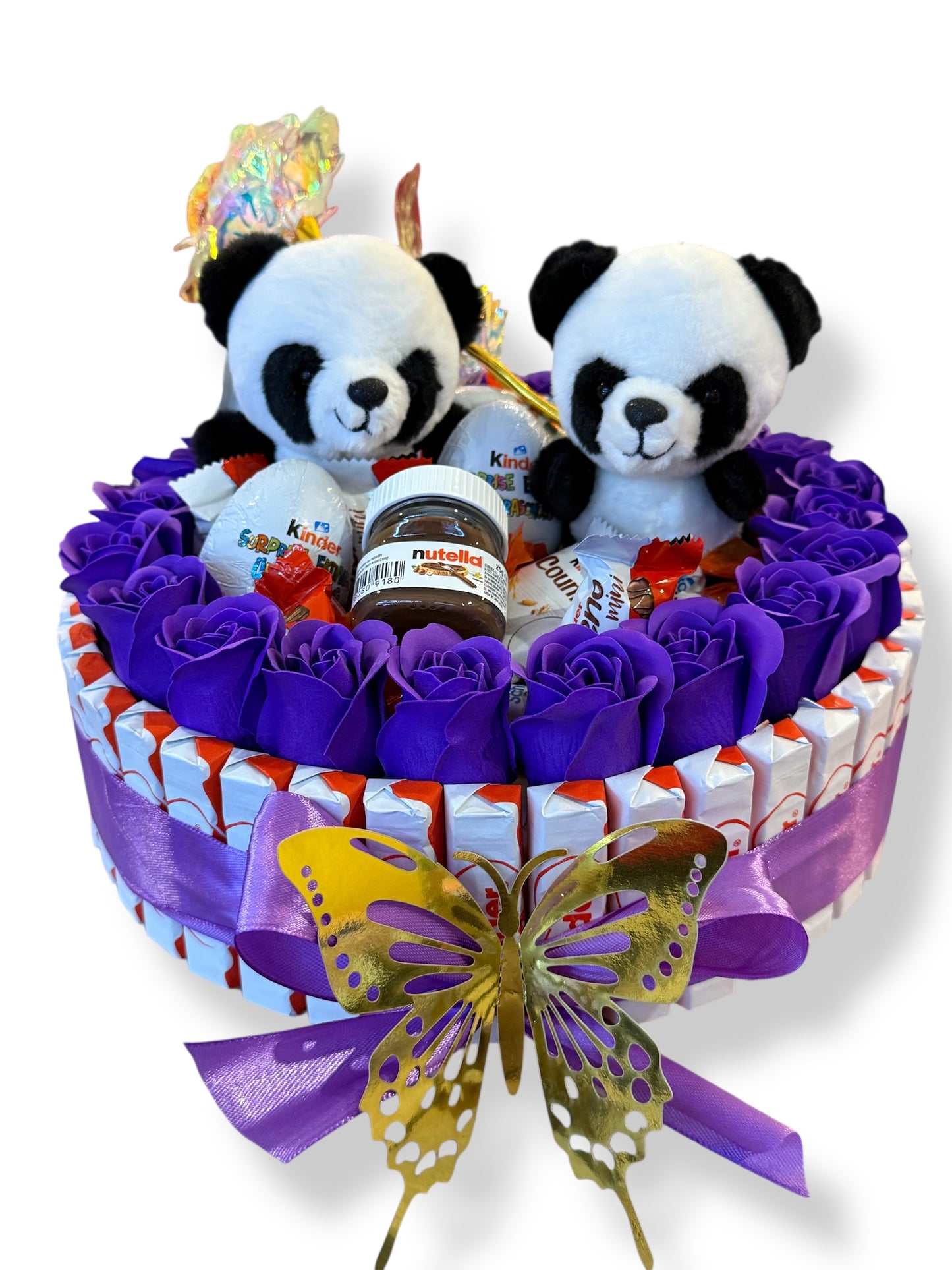 Bouquet gourmand Panda 30x30 – Chocolats Kinder, mini Nutella & roses en savon – Cadeau original fait main