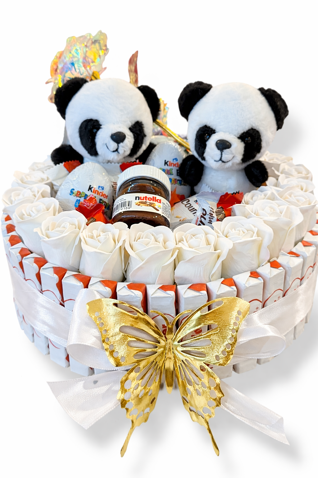 Bouquet gourmand Panda 30x30 – Chocolats Kinder, mini Nutella & roses en savon – Cadeau original fait main