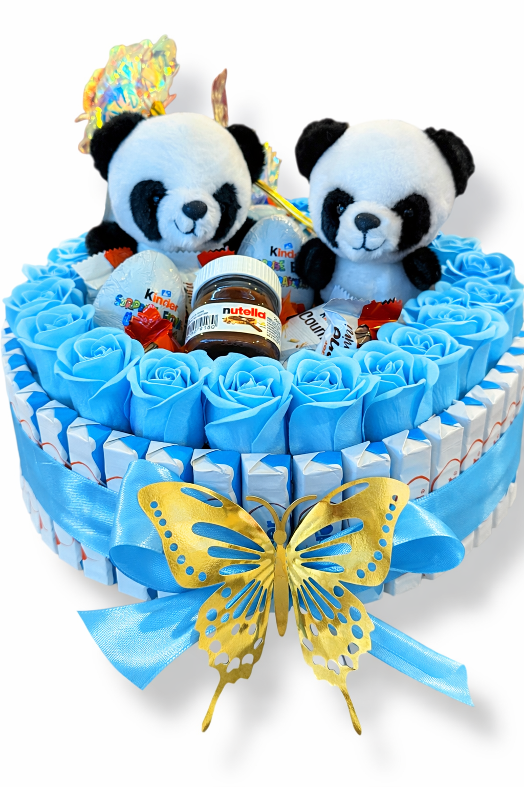 Bouquet gourmand Panda 30x30 – Chocolats Kinder, mini Nutella & roses en savon – Cadeau original fait main