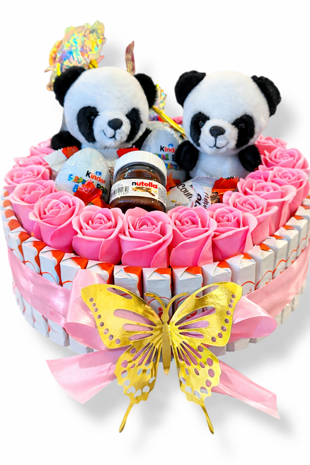 Bouquet gourmand Panda 30x30 – Chocolats Kinder, mini Nutella & roses en savon – Cadeau original fait main