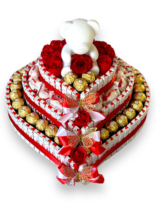 Cœur Gourmand avec Roses Éternelles et Ours Tendre