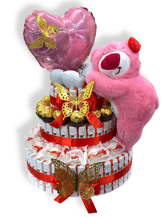 Gâteau de bonbons avec peluche, ballon cœur et chocolats – Idée cadeau originale, romantique et gourmande