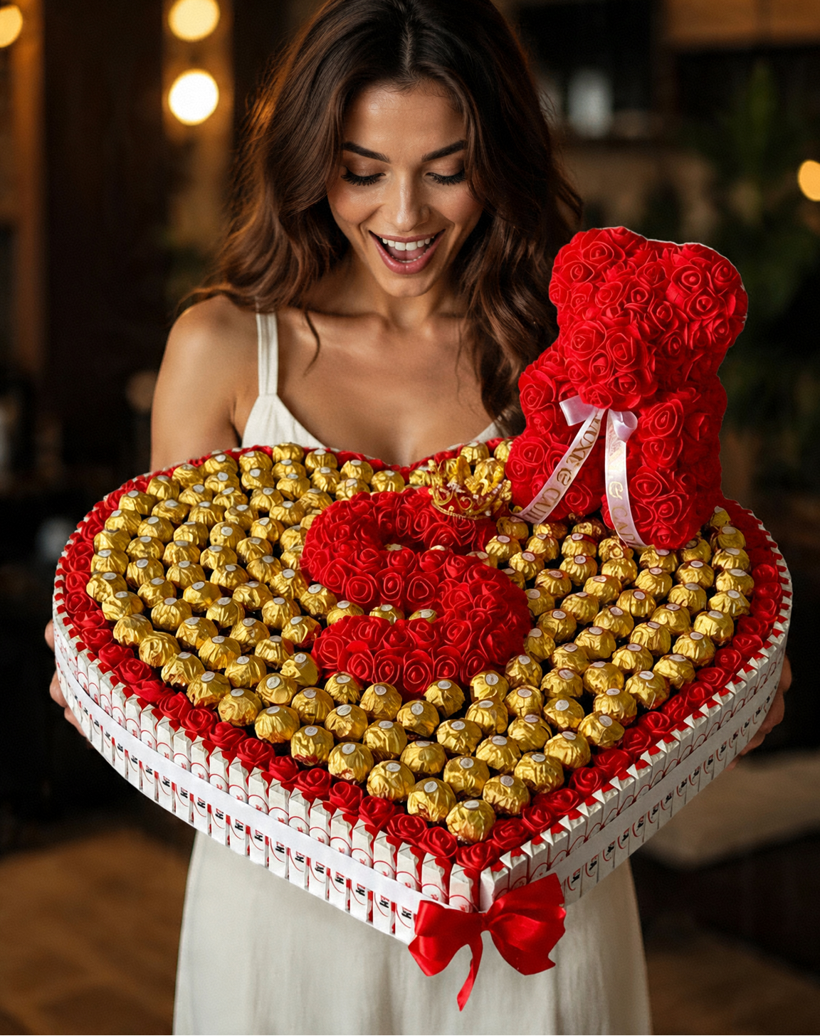Cœur Ferrero Rocher 50×50cm – Ourson en Roses Initiale Personnalisée