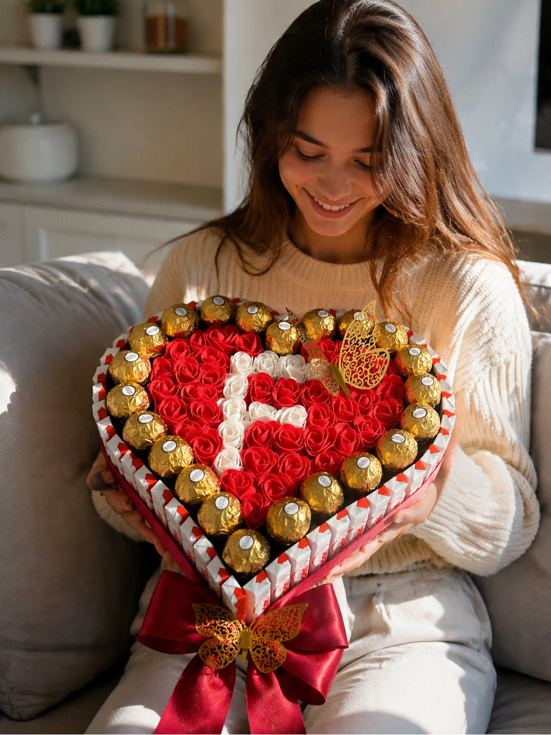 Cœur de chocolat personnalisé Ferrero Rocher et roses, cadeau Saint-Valentin, anniversaire 